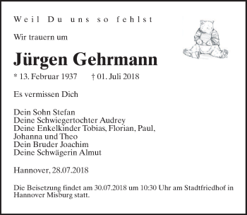 Traueranzeige von Jürgen Gehrmann von Hannoversche Allgemeine Zeitung/Neue Presse