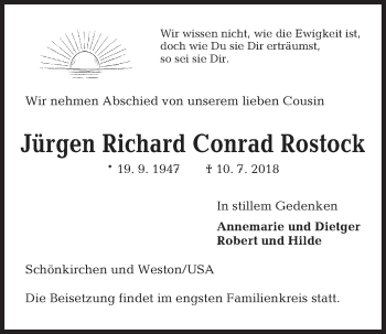 Traueranzeige von Jürgen Richard Conrad Rostock von Kieler Nachrichten