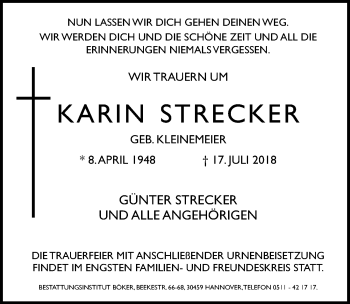 Traueranzeige von Karin Strecker von Hannoversche Allgemeine Zeitung/Neue Presse