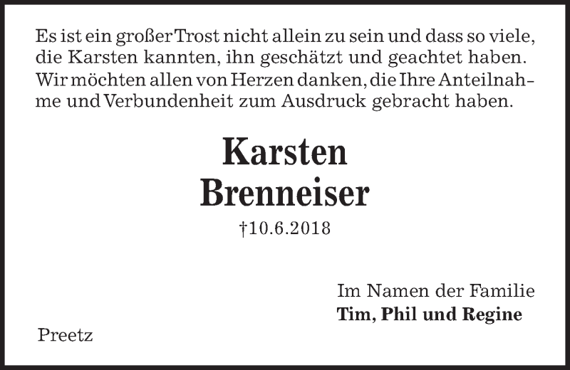  Traueranzeige für Karsten Brenneiser vom 11.07.2018 aus Kieler Nachrichten