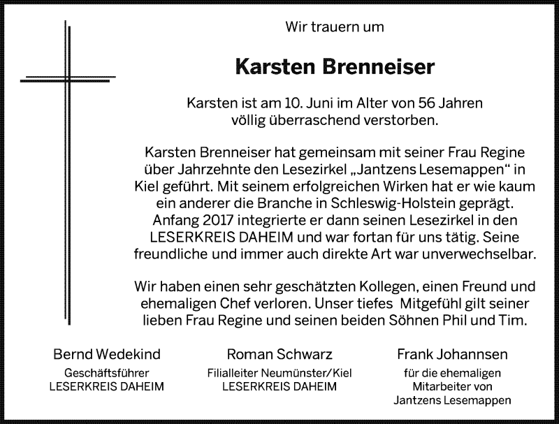  Traueranzeige für Karsten Brenneiser vom 03.07.2018 aus Kieler Nachrichten