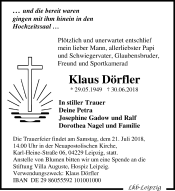 Traueranzeige von Klaus Dörfler von Leipziger Volkszeitung