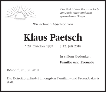 Traueranzeige von Klaus Paetsch von Kieler Nachrichten