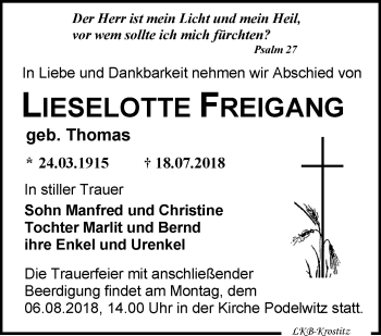 Traueranzeige von Lieselotte Freigang von Leipziger Volkszeitung