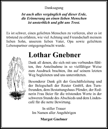 Traueranzeige von Lothar Gnebner von Märkischen Allgemeine Zeitung