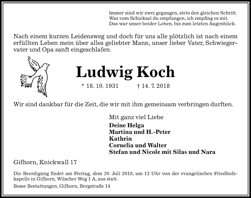  Traueranzeige für Ludwig Koch vom 17.07.2018 aus Aller Zeitung