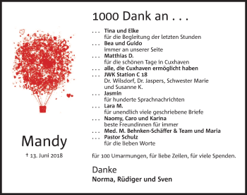 Traueranzeige von Mandy Wiese von Schaumburger Nachrichten