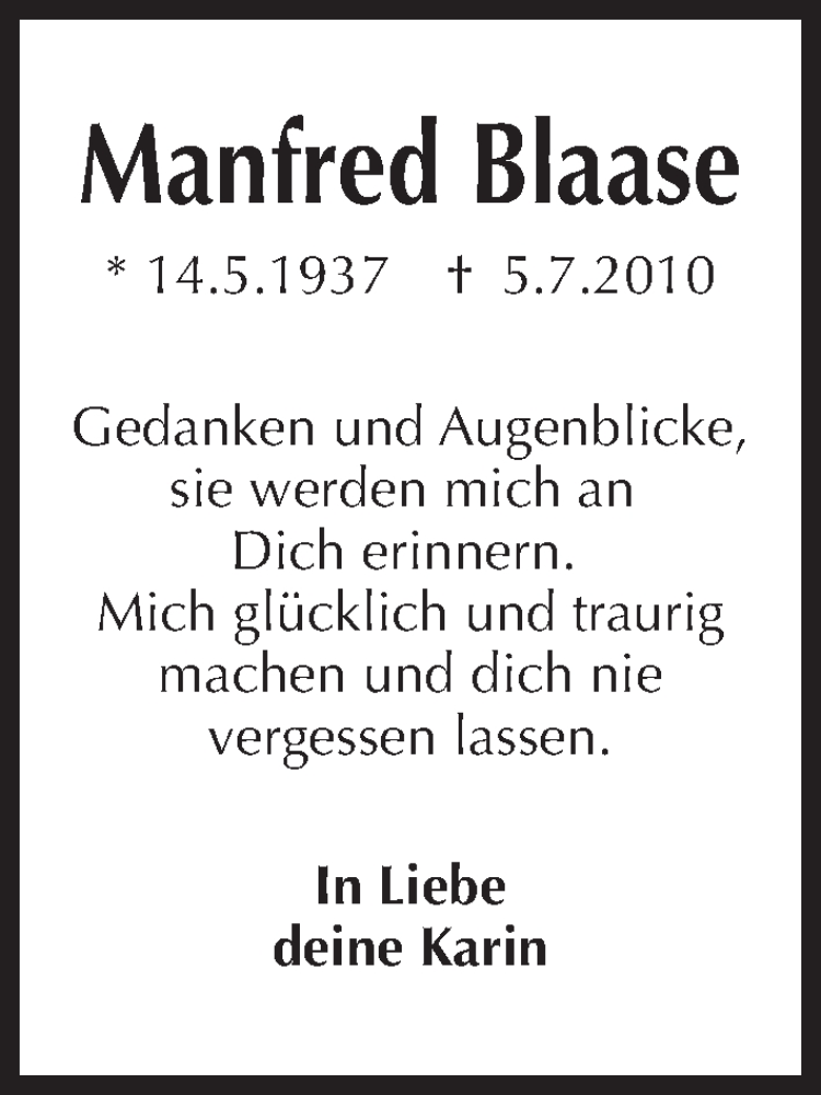  Traueranzeige für Manfred Blaase vom 05.07.2018 aus Kieler Nachrichten