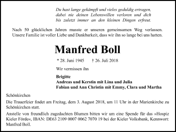 Traueranzeige von Manfred Boll von Kieler Nachrichten