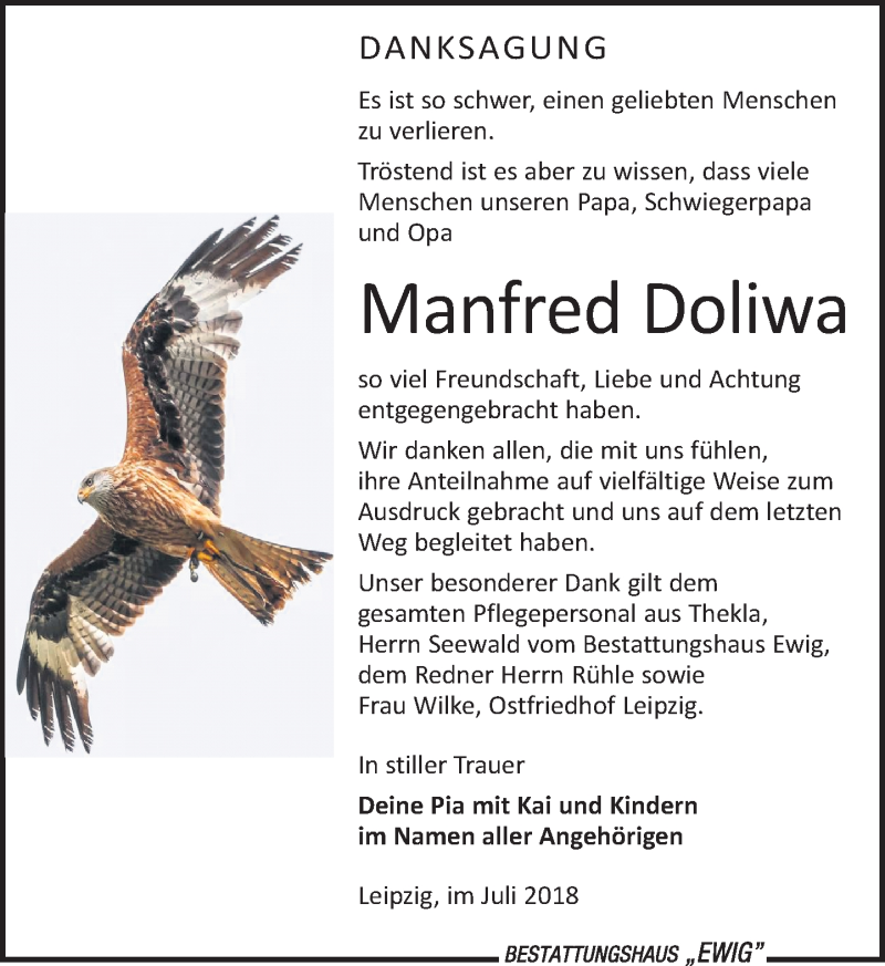  Traueranzeige für Manfred Doliwa vom 21.07.2018 aus Leipziger Volkszeitung