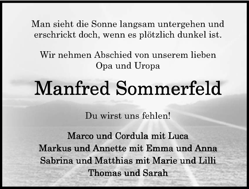  Traueranzeige für Manfred Sommerfeld vom 07.07.2018 aus Eichsfelder Tageblatt