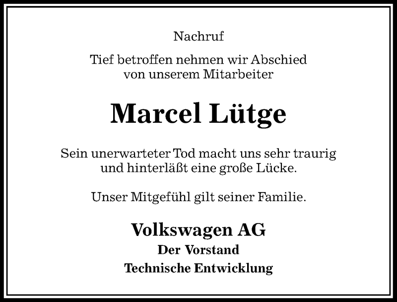  Traueranzeige für Marcel Lütge vom 14.07.2018 aus Aller Zeitung