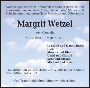 Traueranzeige von Margrit Wetzel von Kieler Nachrichten