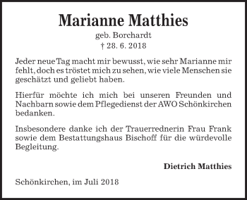 Traueranzeige von Marianne Matthies von Kieler Nachrichten