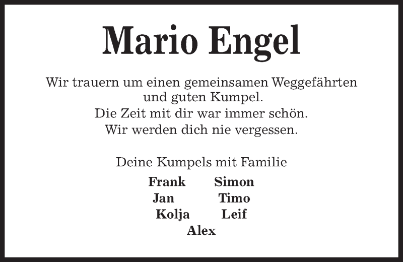  Traueranzeige für Mario Engel vom 28.07.2018 aus Kieler Nachrichten