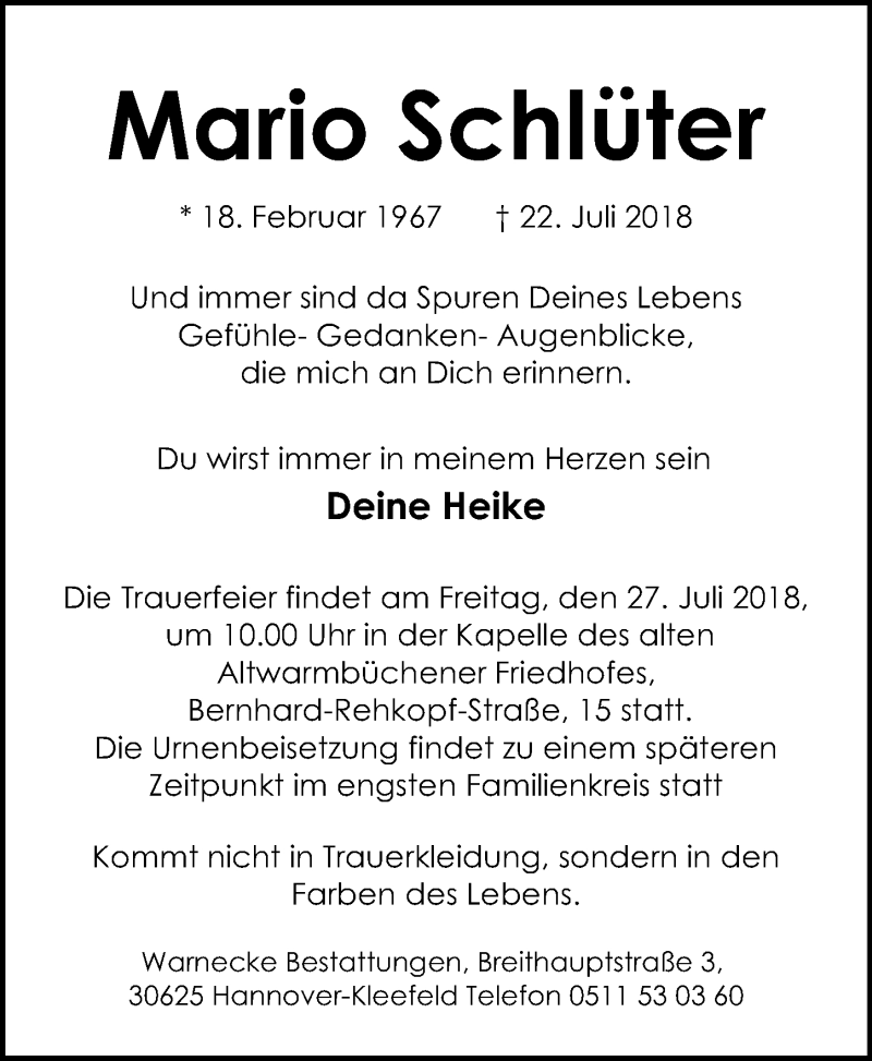  Traueranzeige für Mario Schlüter vom 25.07.2018 aus Hannoversche Allgemeine Zeitung/Neue Presse