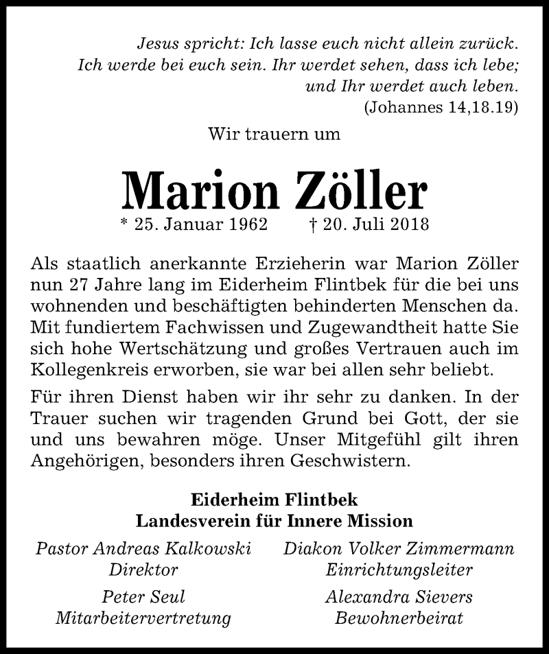  Traueranzeige für Marion Zöller vom 27.07.2018 aus Kieler Nachrichten