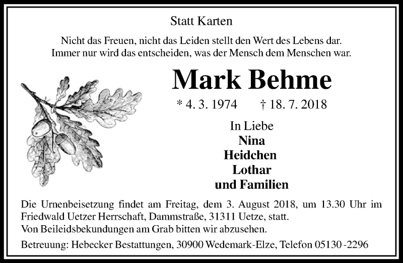  Traueranzeige für Mark Behme vom 28.07.2018 aus Hannoversche Allgemeine Zeitung/Neue Presse