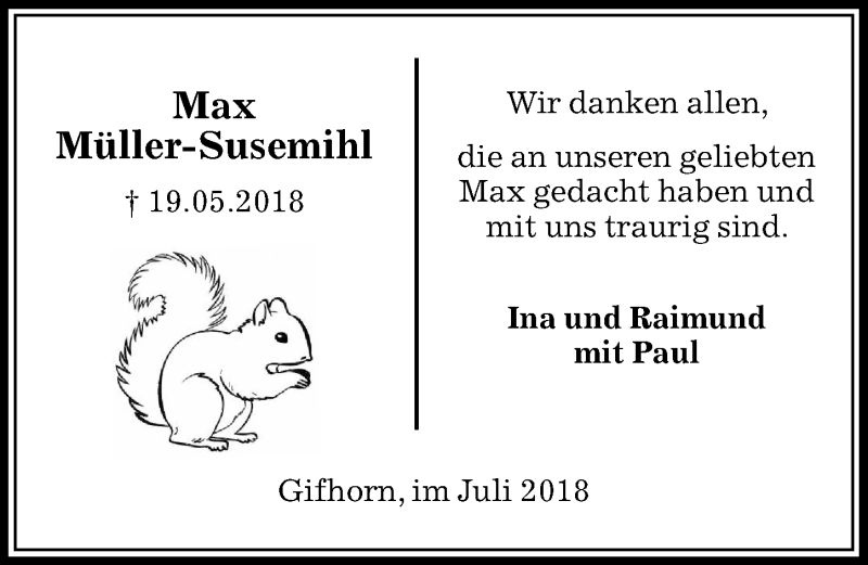  Traueranzeige für Max Müller-Susemihl vom 28.07.2018 aus Aller Zeitung