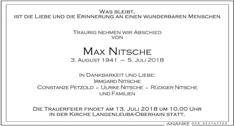 Traueranzeige für Max Nitsche vom 11.07.2018 aus Leipziger Volkszeitung