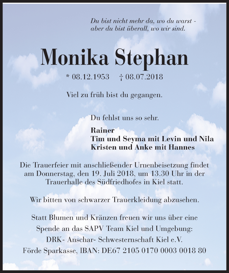  Traueranzeige für Monika Stephan vom 18.07.2018 aus Kieler Nachrichten
