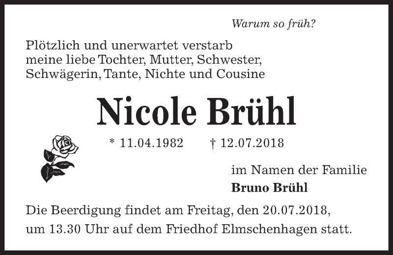  Traueranzeige für Nicole Brühl vom 18.07.2018 aus Kieler Nachrichten