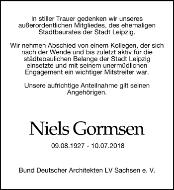 Traueranzeige von Niels Gormsen von Leipziger Volkszeitung