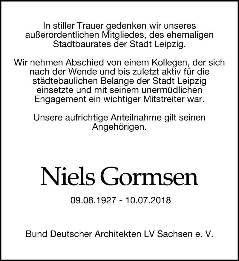  Traueranzeige für Niels Gormsen vom 18.07.2018 aus Leipziger Volkszeitung