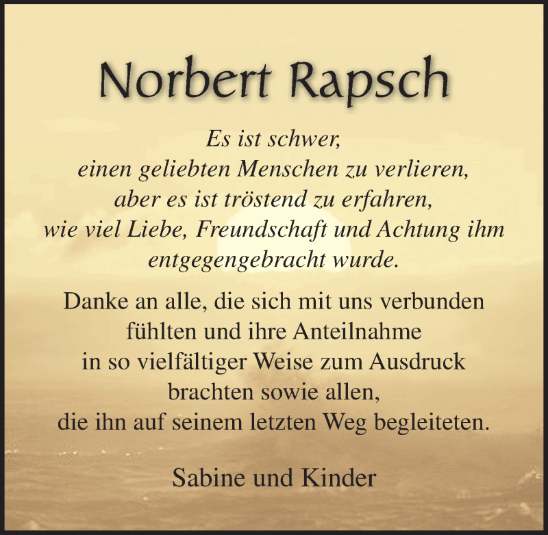  Traueranzeige für Norbert Rapsch vom 07.07.2018 aus Ostsee-Zeitung GmbH
