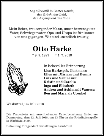 Traueranzeige von Otto Harke von Aller Zeitung