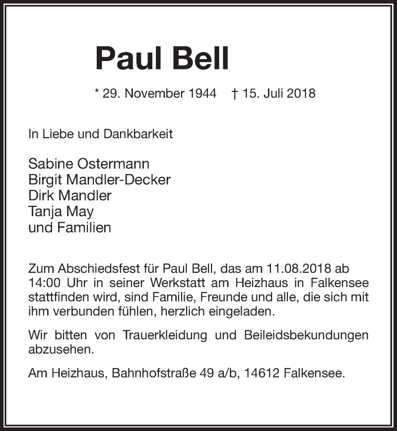  Traueranzeige für Paul Bell vom 21.07.2018 aus Märkischen Allgemeine Zeitung