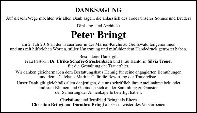  Traueranzeige für Peter Bringt vom 07.07.2018 aus Ostsee-Zeitung GmbH