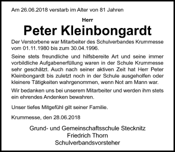 Traueranzeige von Peter Kleinbongardt von Lübecker Nachrichten