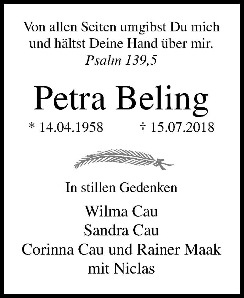  Traueranzeige für Petra Beling vom 22.07.2018 aus Lübecker Nachrichten