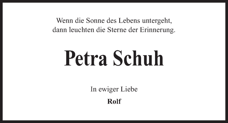  Traueranzeige für Petra Schuh vom 21.07.2018 aus Kieler Nachrichten