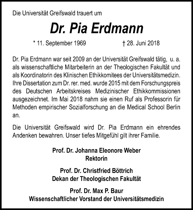  Traueranzeige für Pia Erdmann vom 07.07.2018 aus Ostsee-Zeitung GmbH