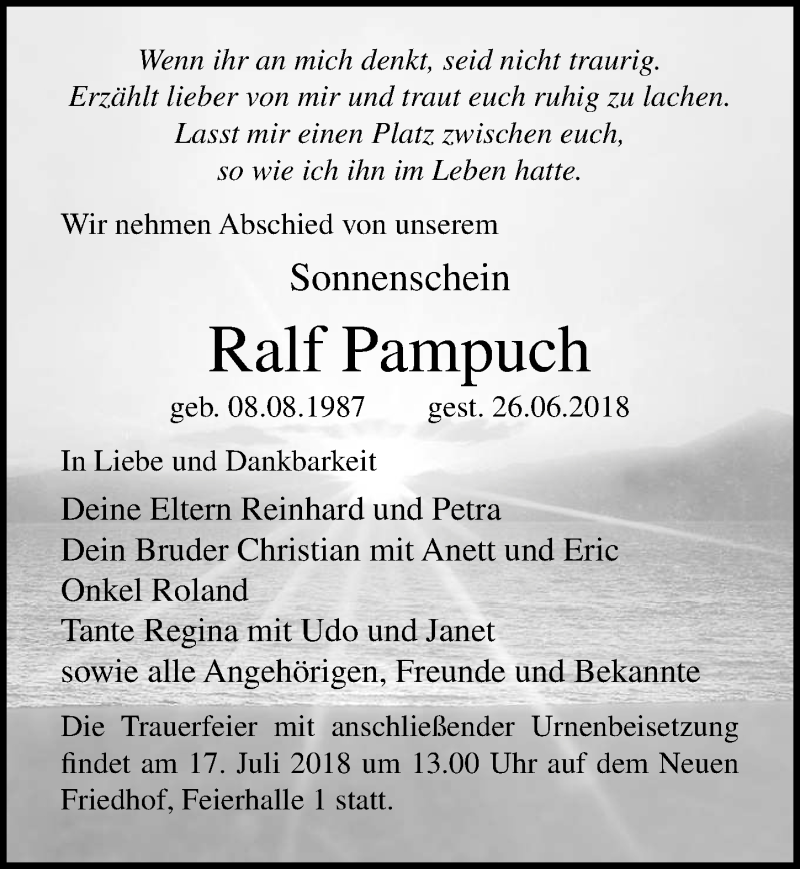  Traueranzeige für Ralf Pampuch vom 07.07.2018 aus Ostsee-Zeitung GmbH