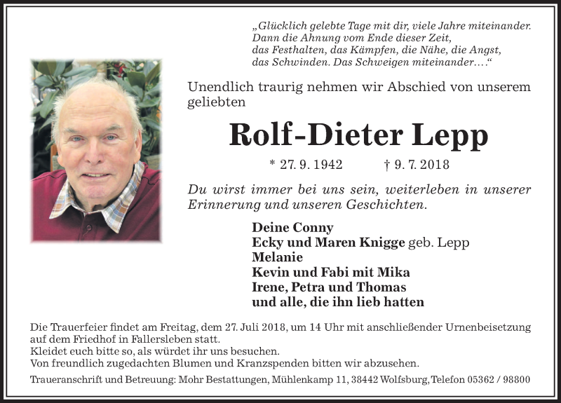  Traueranzeige für Rolf-Dieter Lepp vom 17.07.2018 aus Aller Zeitung