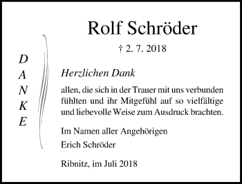 Traueranzeige von Rolf Schröder von Ostsee-Zeitung GmbH