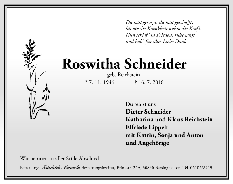  Traueranzeige für Roswitha Schneider vom 21.07.2018 aus Hannoversche Allgemeine Zeitung/Neue Presse