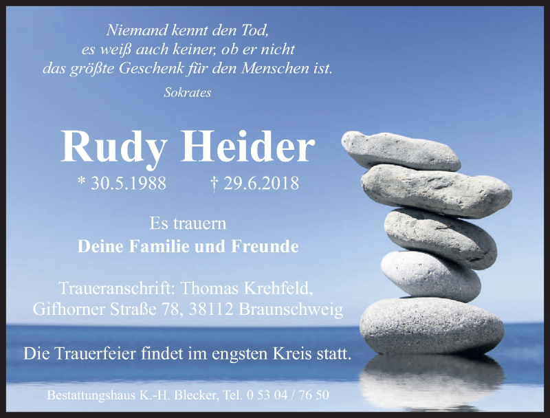  Traueranzeige für Rudy Heider vom 07.07.2018 aus Aller Zeitung