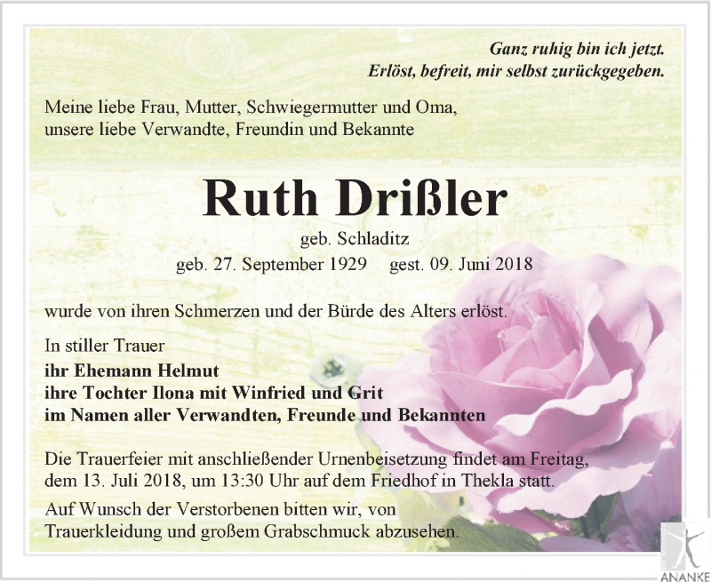  Traueranzeige für Ruth Drißler vom 30.06.2018 aus Leipziger Volkszeitung