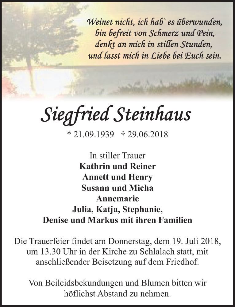  Traueranzeige für Siegfried Steinhaus vom 07.07.2018 aus Märkischen Allgemeine Zeitung
