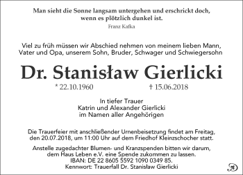 Traueranzeige von Stanislaw Gierlicki von Leipziger Volkszeitung