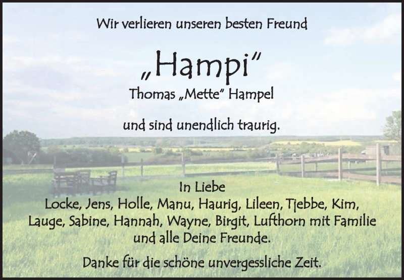  Traueranzeige für Thomas Hampel vom 14.07.2018 aus Aller Zeitung