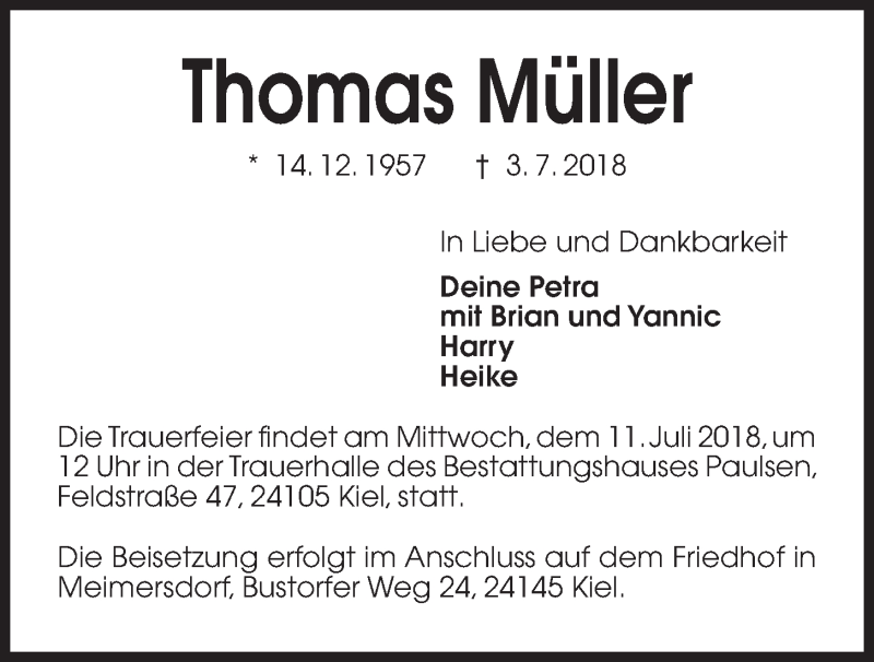  Traueranzeige für Thomas Müller vom 07.07.2018 aus Kieler Nachrichten
