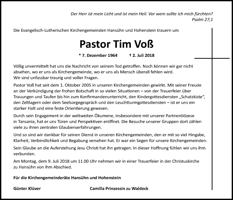  Traueranzeige für Tim Voß vom 06.07.2018 aus Lübecker Nachrichten