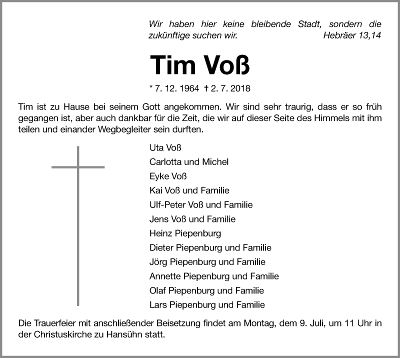  Traueranzeige für Tim Voß vom 06.07.2018 aus Kieler Nachrichten