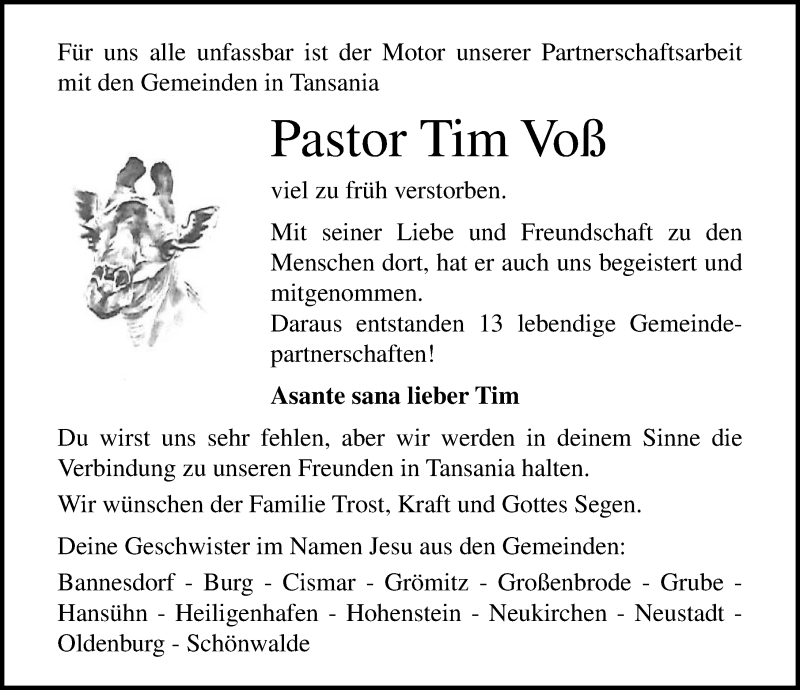 Traueranzeige für Tim Voß vom 06.07.2018 aus Lübecker Nachrichten