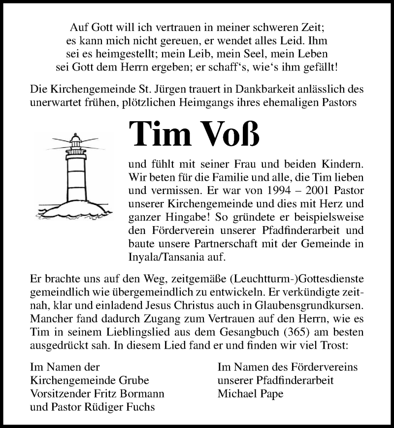  Traueranzeige für Tim Voß vom 10.07.2018 aus Lübecker Nachrichten